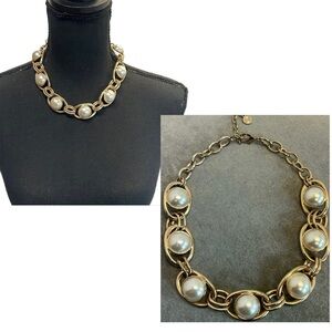 RJ Graziano faux Pearl gold tone chain link Choker Necklace  Signed Adjustable